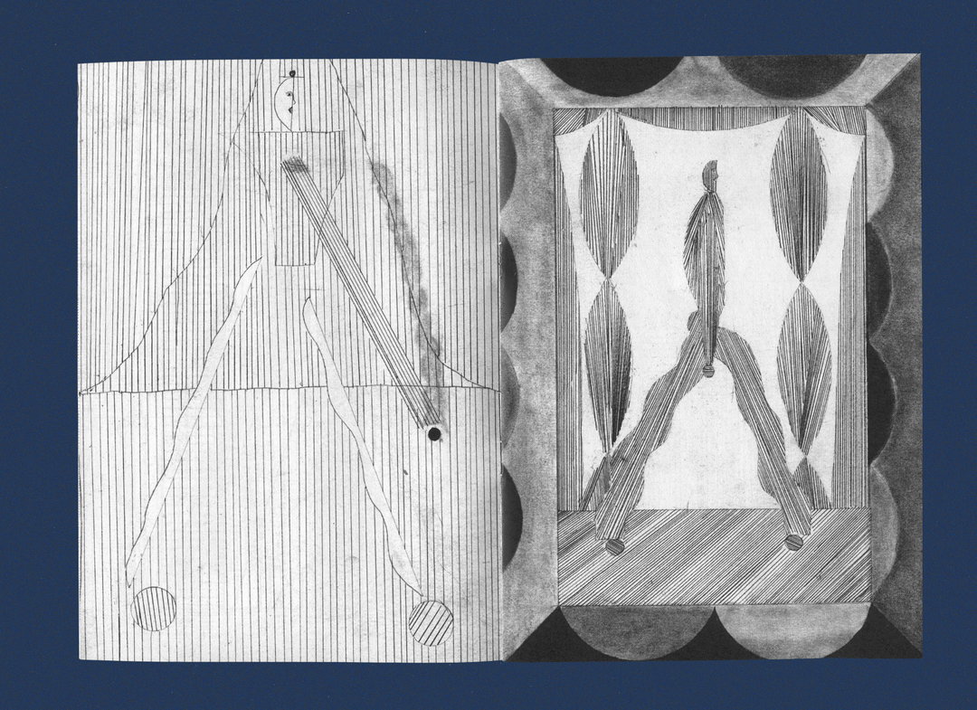 An open book showing two black and white abstract illustrations. The left page features thin vertical lines and geometric shapes, while the right page shows a stylised figure framed by curtains.
