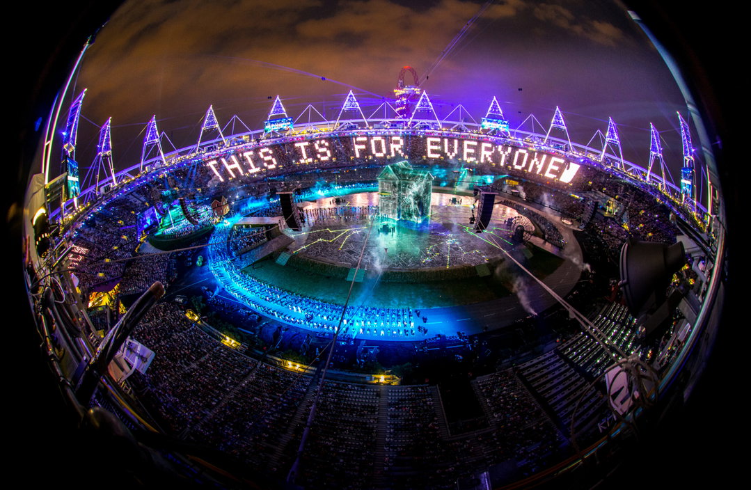 Photo of London 2012 Olympics Opening Ceremony with the words This is For Everyone lit up across the audience