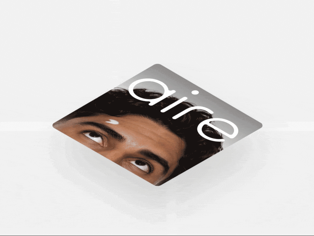 An animation in which a blurred image of a person’s face and the word “aire” expands to fill the screen. The image then multiplies into a grid of the same repeating portrait.