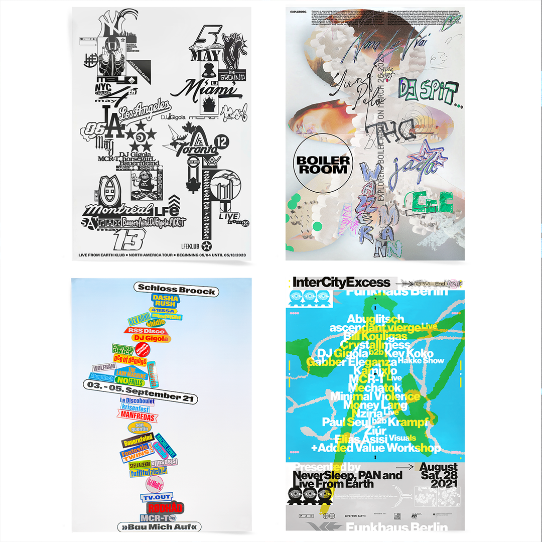 Overview_ 01 Bau Mich Auf Festival 2021, 02 Explorers Boiler Room, 2023, 03 LFEK North America Tour 2023, 04 InterCityExcess Festival, 2021 - Yosh - itsnicethat.png