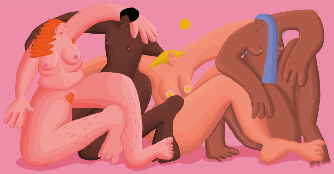 An illustration of four nude figures with diverse body types lounging together against a pink background. They are entwined in a relaxed group, with a small yellow sun floating above them.