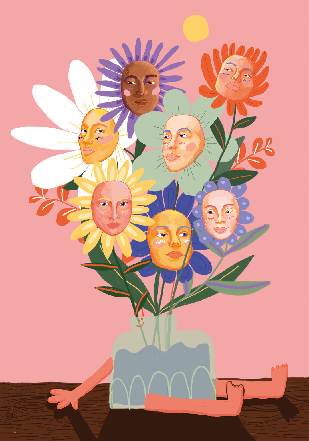 An illustration of a glass vase filled with flowers, where each bloom features a human face at its centre. The vase sits on a dark wooden surface, with a pair of arms and feet extending from the base.