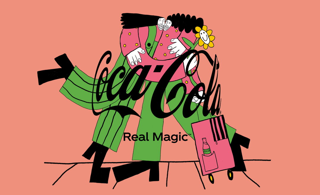 An illustration of two figures embracing, partially obscured by a large Coca-Cola logo. They wear bright pink and green clothing, and a small yellow flower with a face peeks over one shoulder. Below the logo, the words “Real Magic” are written in a simple sans-serif font.