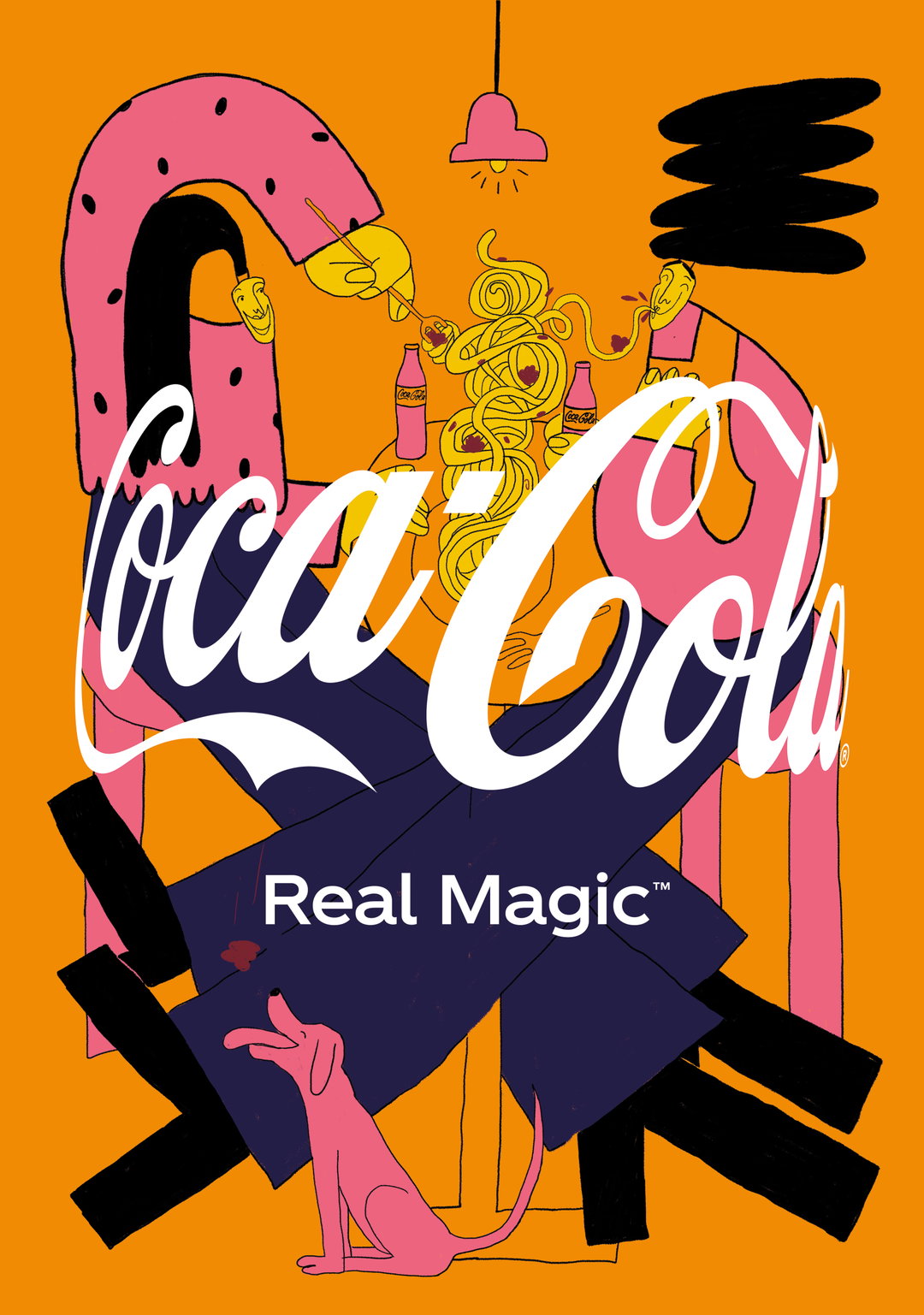 An illustration for Coca-Cola featuring a pink dog and two pink flamingos around a table. The white Coca-Cola logo is laid over the scene, with the words “Real Magic” written below.