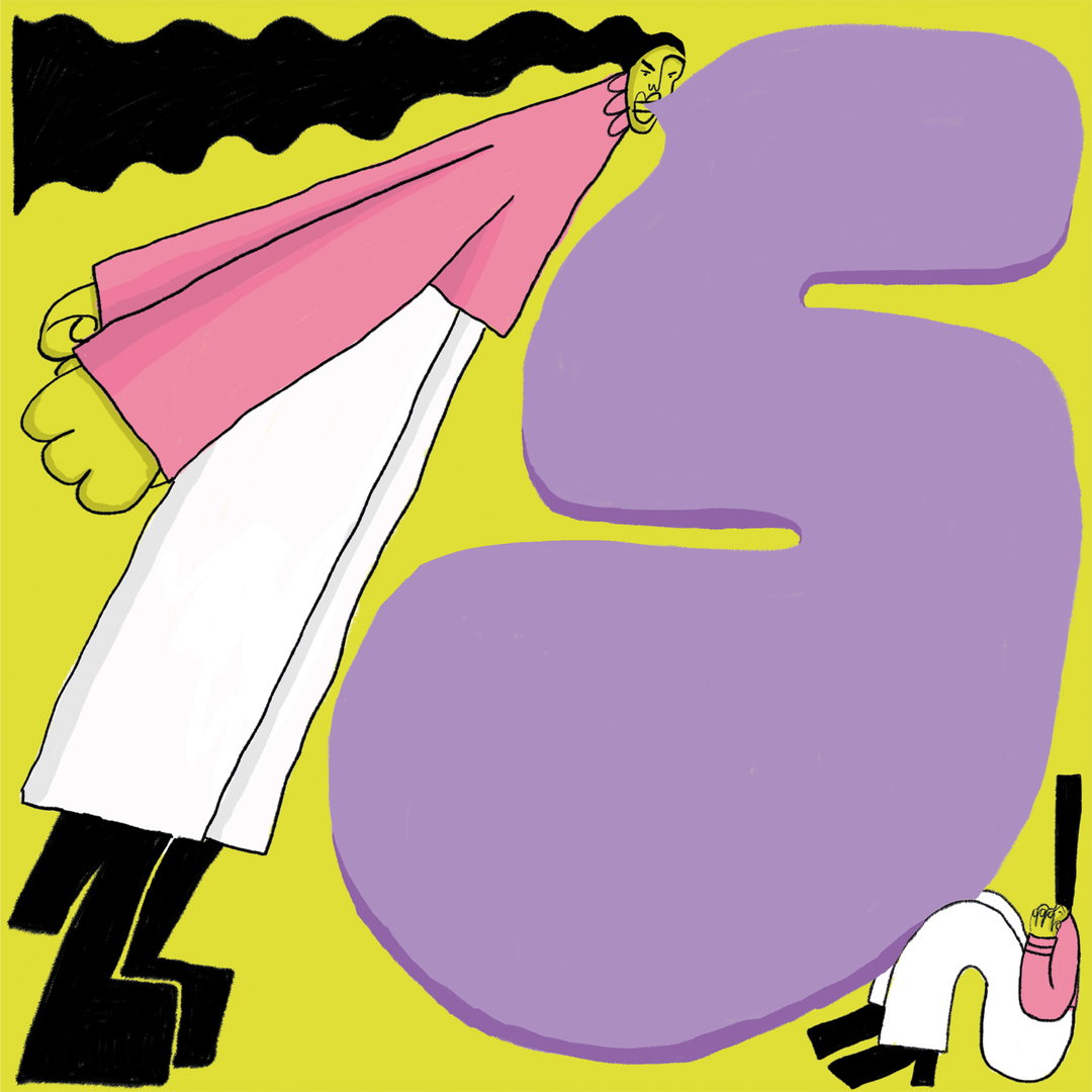 An illustration of a person with long black hair wearing a pink top and white skirt. They lean against a large, purple numeral “5” set against a bright yellow background.