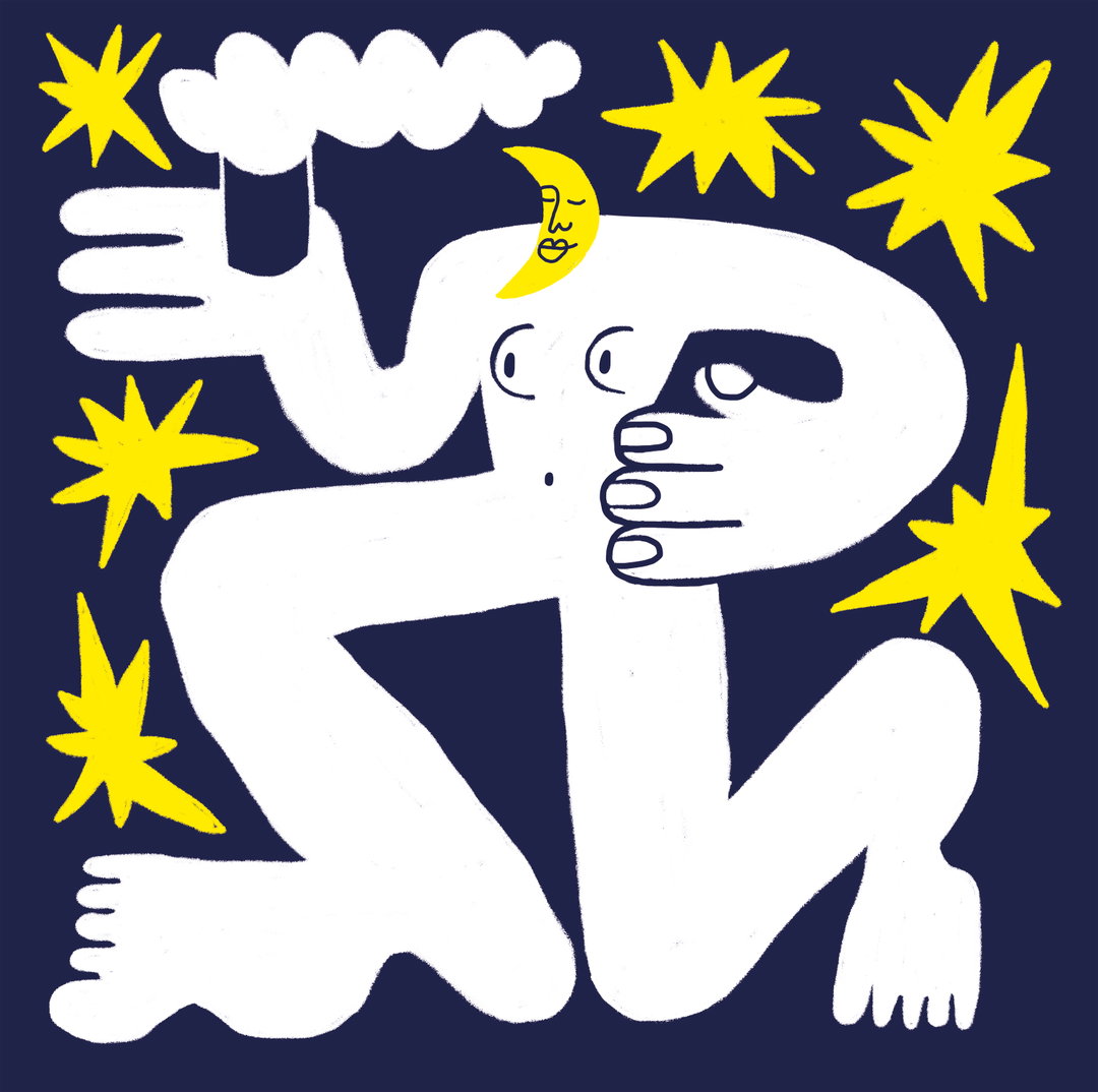 An illustration of a white, stylised figure crouched against a dark blue background. The figure is surrounded by yellow stars and a crescent moon, while a small white cloud floats above their head.