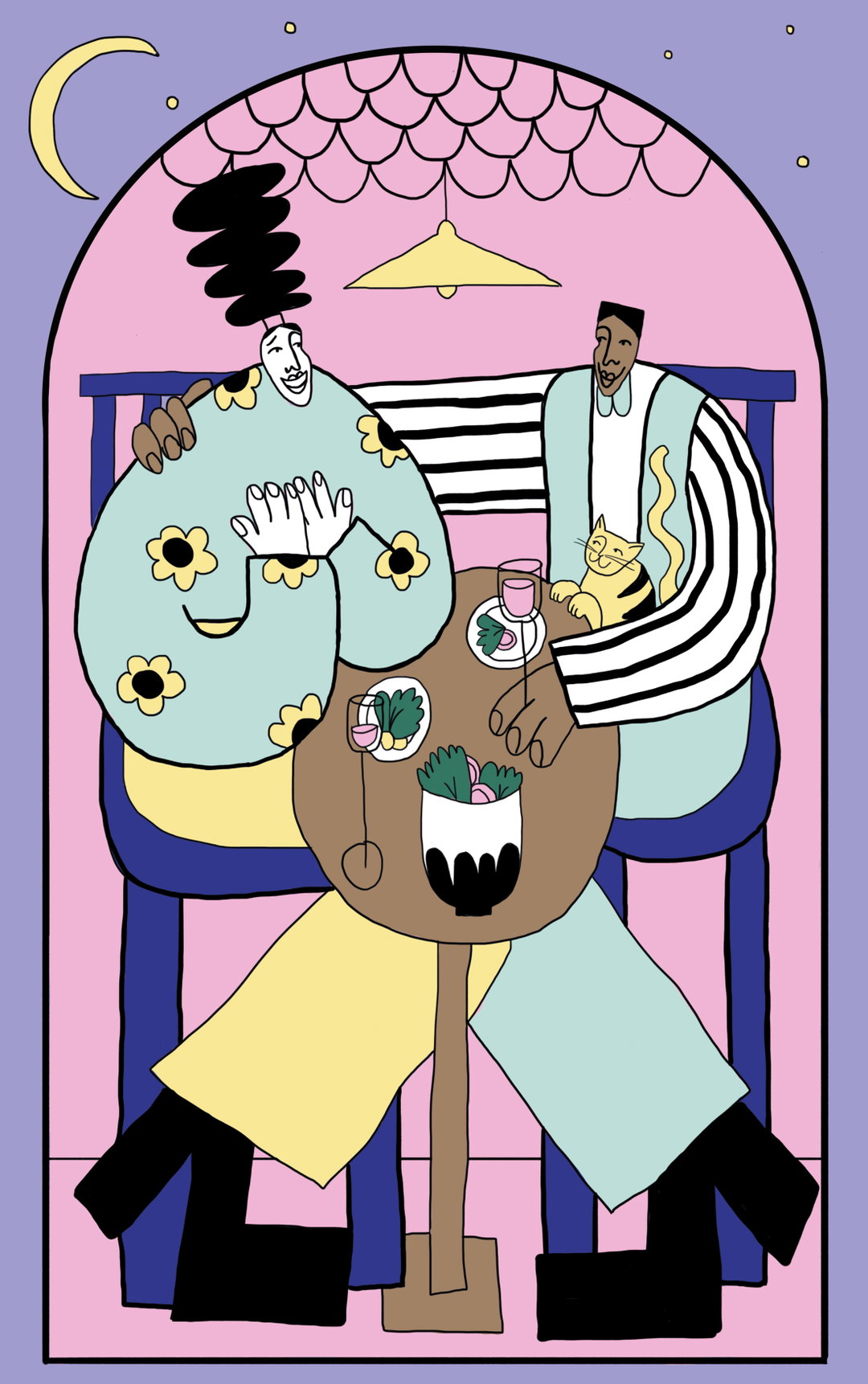 An illustration of two people sitting at a small round table in a pink room. One person wears a light blue floral shirt and yellow trousers, while the other wears a striped jacket and holds a small ginger cat.