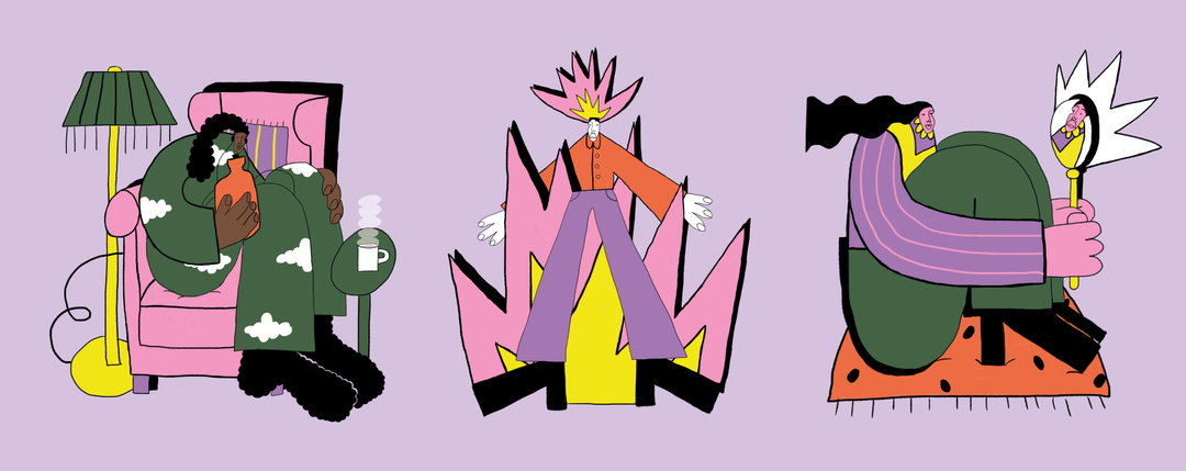 An illustration of three figures against a lilac background. One person curls up in a pink armchair wearing a green cloud-patterned robe, while another stands amidst pink flames. A third person sits on an orange rug, looking into a hand mirror.