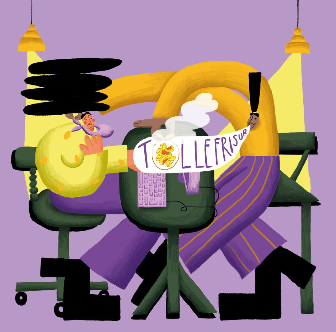 An illustration of two figures in a surreal office setting. One person wears a large yellow outfit and holds a white sign that reads “TOLLEFRISUR”, while the other wears purple striped trousers.