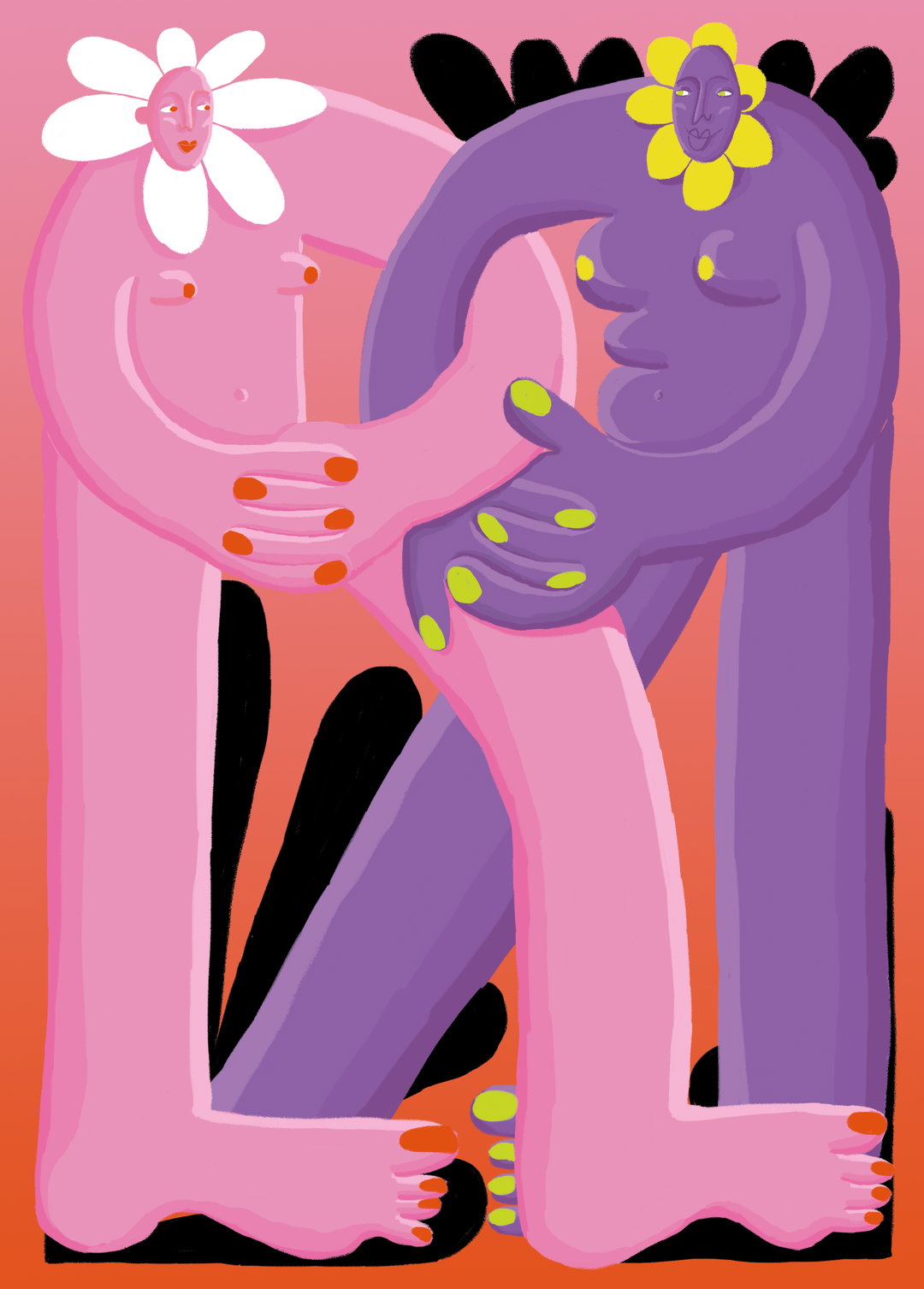An illustration of two figures with flower heads, one pink and one purple, entwined in an embrace. They have simplified, rounded bodies and bright yellow and orange nails.
