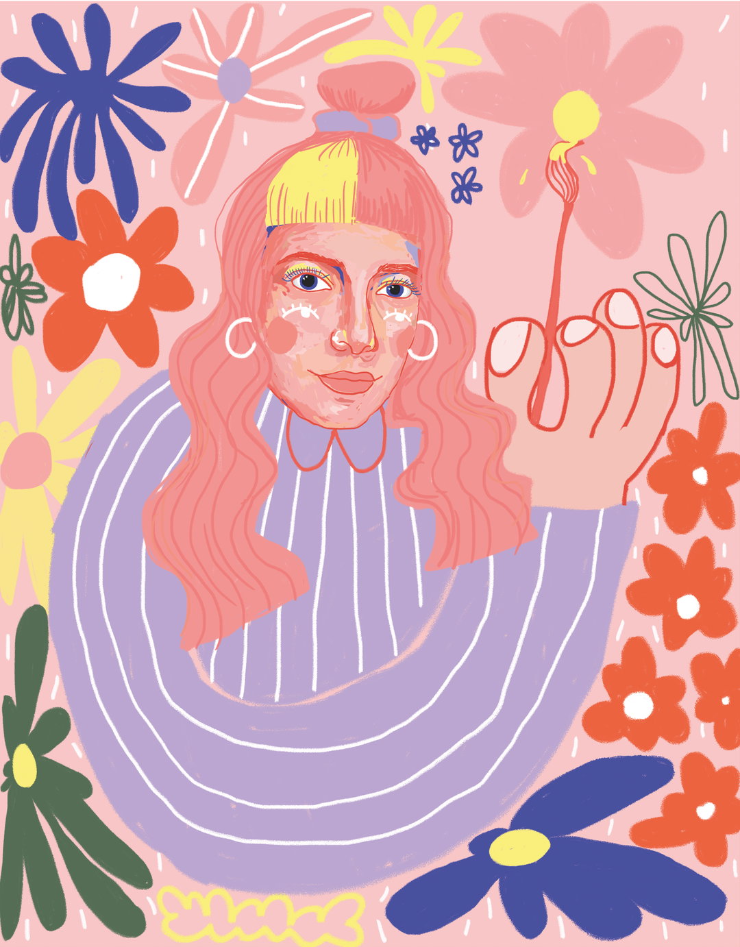 An illustration of a person with long, wavy pink hair and a yellow fringe. They wear a purple striped top and hold a single pink flower against a backdrop of colourful, stylised blooms.