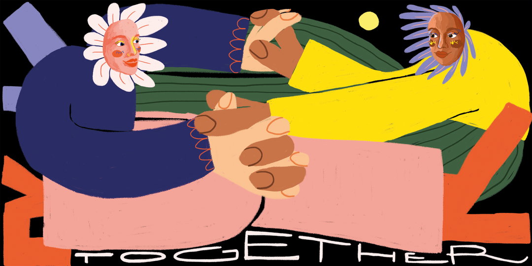 An illustration of two figures with flower heads holding hands against a black background. One figure wears a blue sleeve and the other a yellow one, with the word “TOGETHER” written in white across the bottom.