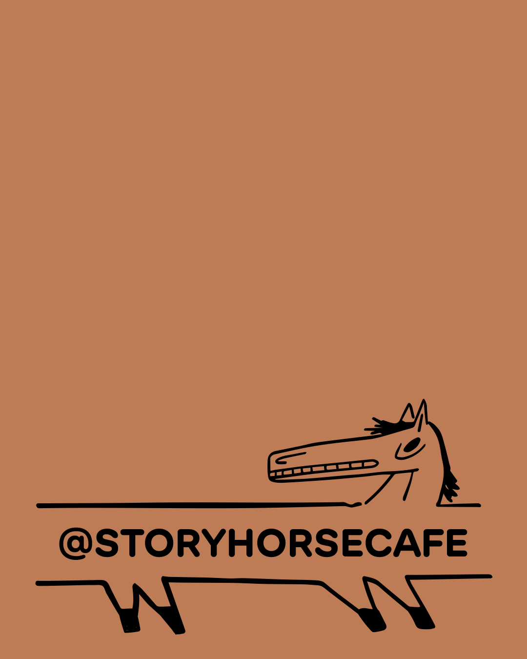 An animation on a terracotta background featuring a line drawing of a horse. The text cycles through the handle “@storyhorsecafe”, an address in Tulum, and opening hours for a “speciality coffee roaster + shop”.