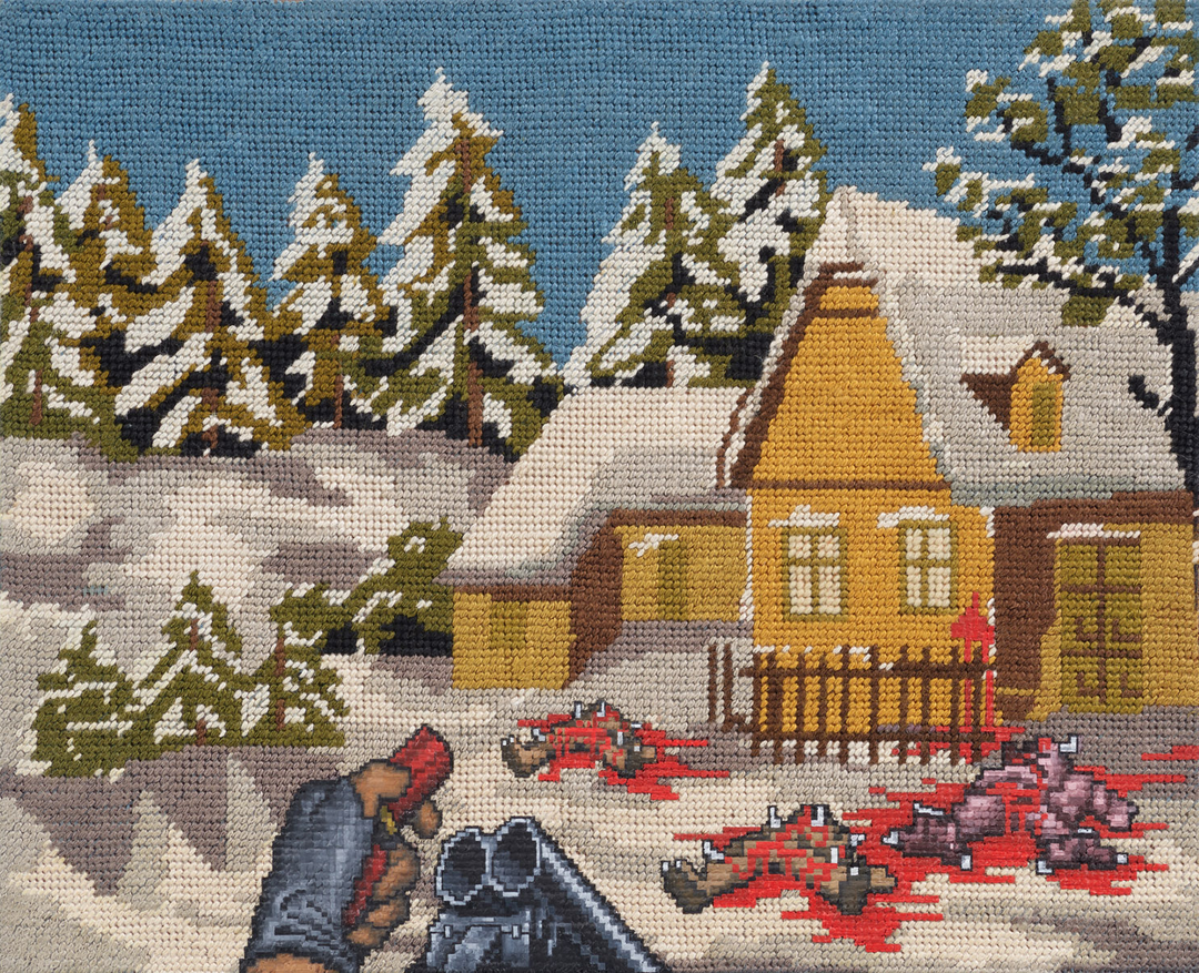Vojtěch Luksch blends violent retro video games with the “grandma-core” of embroidered canvases