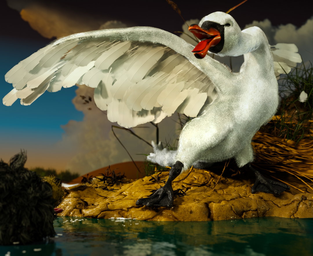 A 3D render of a white swan standing on a rocky bank by the water. The swan has its wings spread wide and its beak open in a shout.
