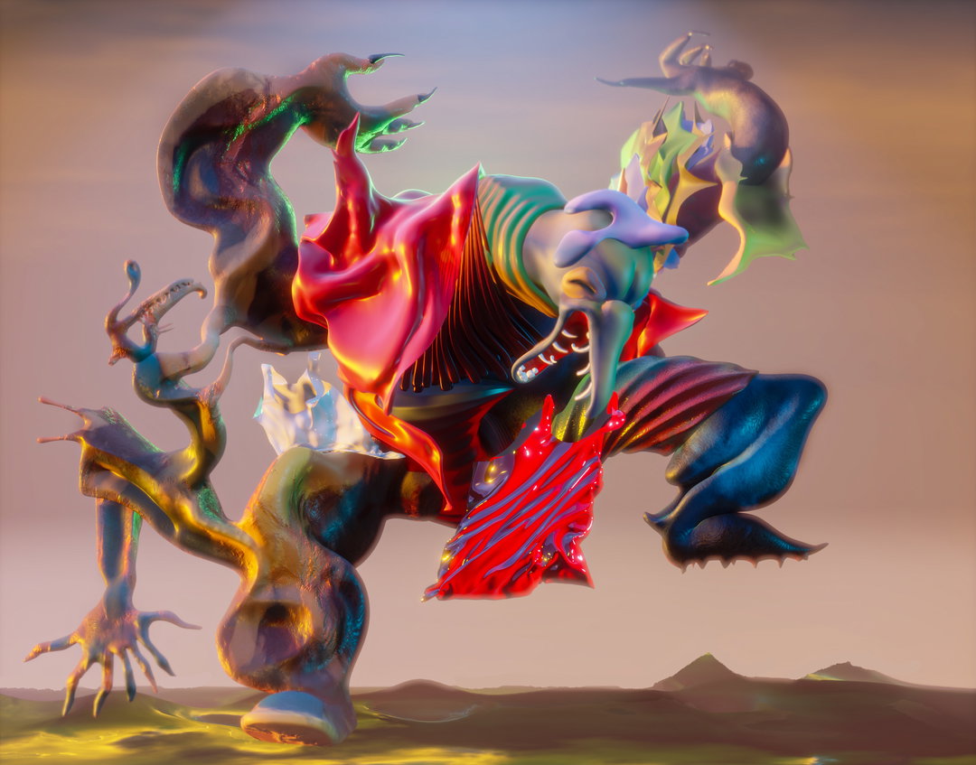 A 3D render of a surreal, iridescent creature with a fluid, organic form. The figure is composed of swirling red, blue and gold shapes, posed dynamically against a muted desert landscape.