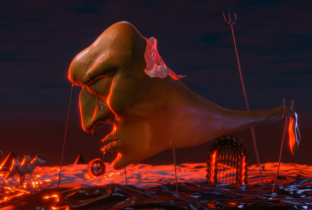 A 3D render of a giant, distorted human face floating over a landscape of glowing red liquid. Thin metal rods pierce the face and the ground, while a small animal figure stands to the left.
