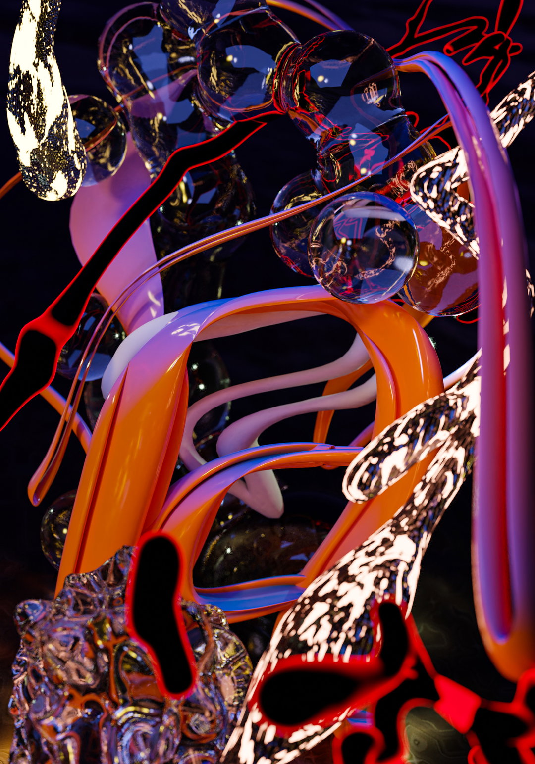 A 3D render of abstract, fluid shapes in orange, purple and white. Glossy, transparent spheres and textured, organic forms intertwine against a dark background.