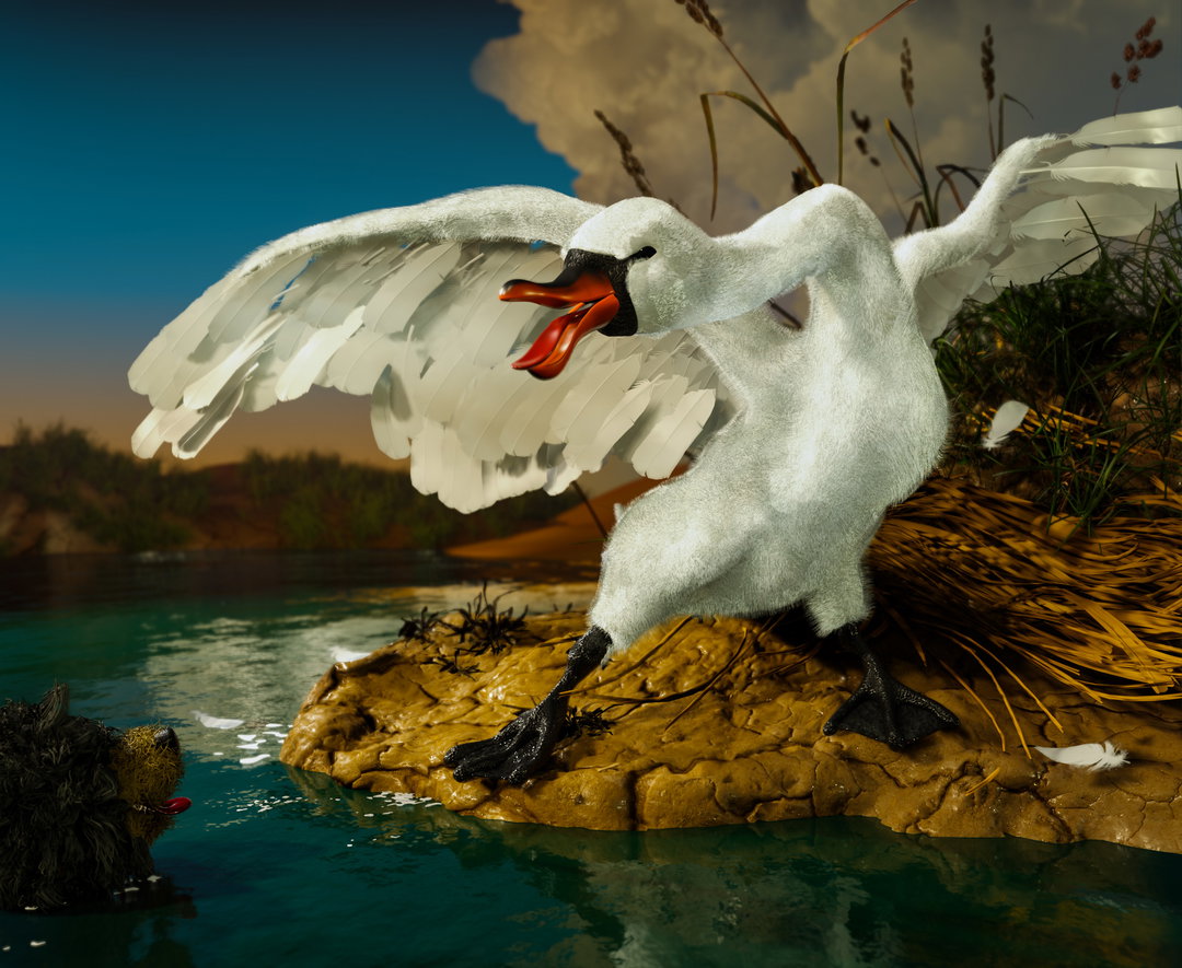 A 3D render of a white swan with its wings spread wide and beak open, appearing to hiss. It stands on a rocky bank, facing a small black dog in the water.