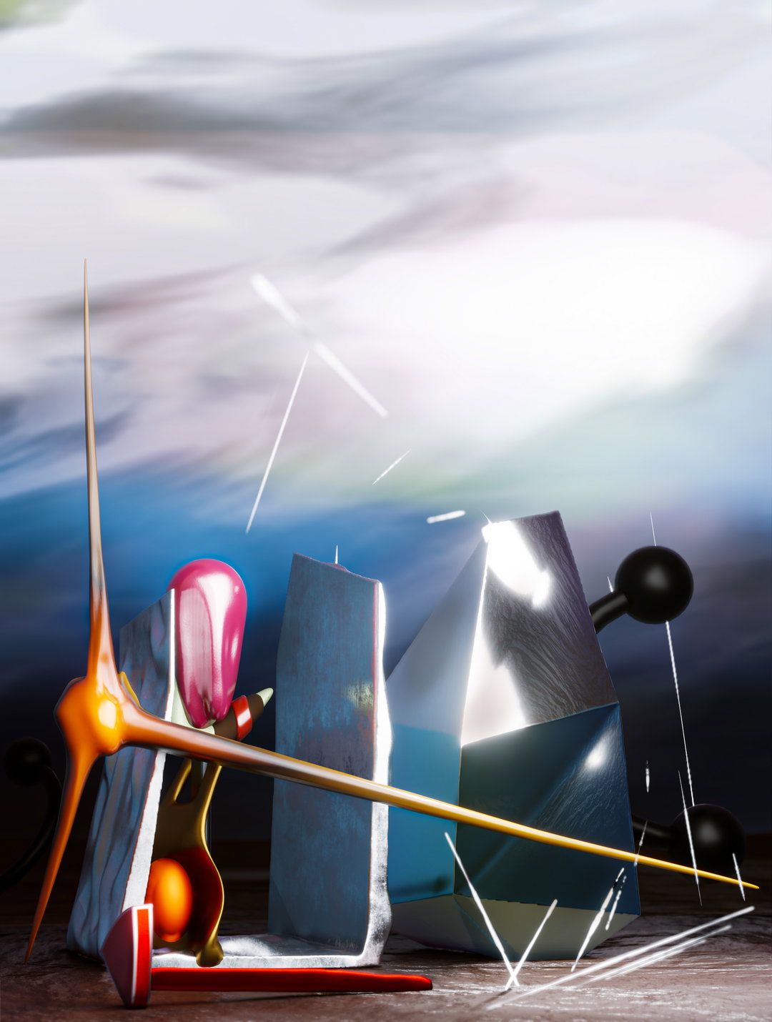 A 3D render of an abstract composition of geometric shapes and metallic forms. A long, thin gold needle pierces through the arrangement against a blurred, atmospheric background of blue and white.