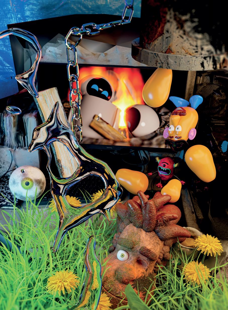 A 3D render of a surreal, cluttered scene featuring a screen showing two marshmallows roasting over a fire. In the foreground, a textured brown creature lies in green grass among yellow dandelions, beside a floating chrome sculpture and a detached eyeball.