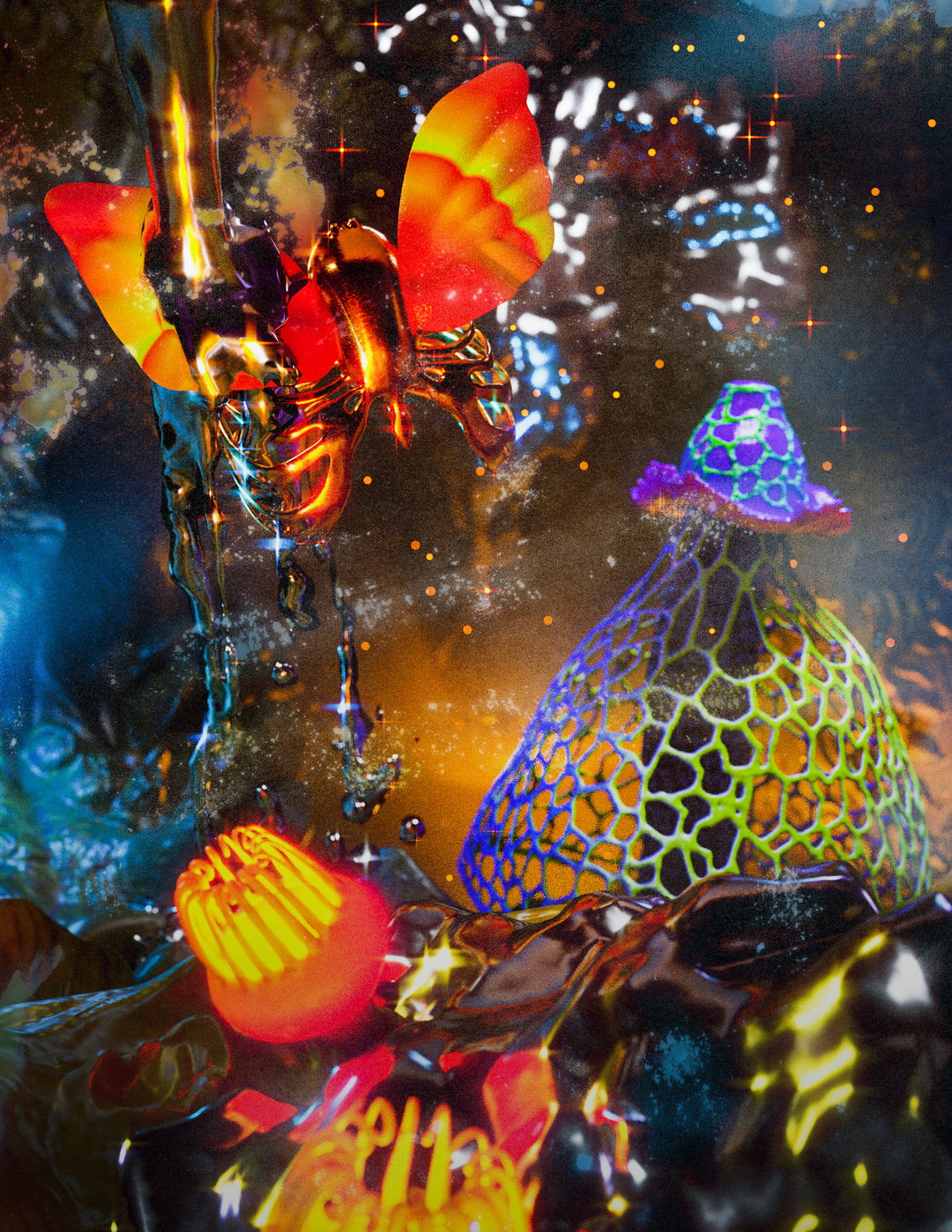 A 3D render of a surreal, iridescent landscape. A metallic figure with orange and red wings floats above a glowing, blue and green lattice structure.