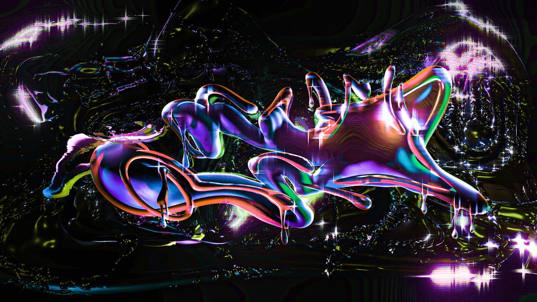A 3D render of a fluid, iridescent shape that twists across a dark, shimmering background. The form glows with metallic pink, blue and green hues, with droplets dripping from its edges.