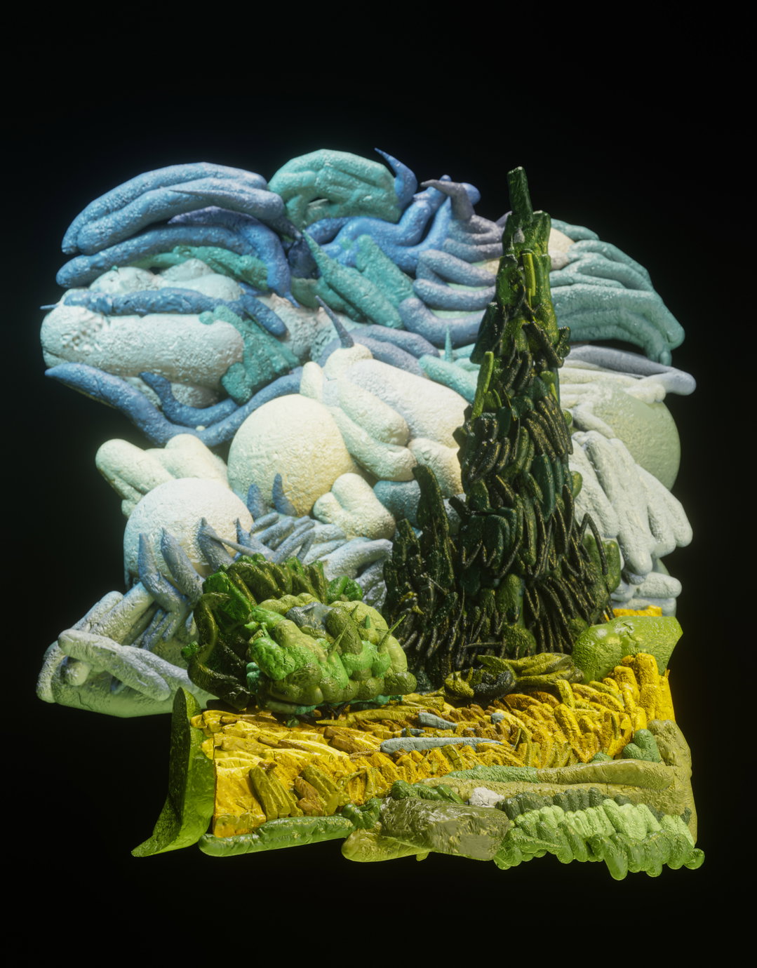 A 3D render of a surreal, organic landscape set against a black background. The scene features textured, bulbous forms in shades of blue and white, with a tall, dark green spire and yellow-green terrain in the foreground.