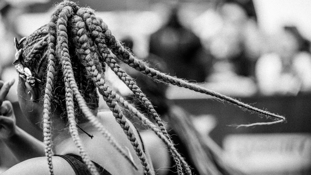 A black and white close-up from behind of a person with long, thick braids. The braids are gathered at the top of the head and fan out across the frame.