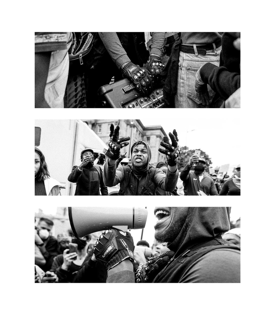 Three black and white photographs showing people at a protest. One person wears tactical gloves and holds a megaphone, while others stand in a crowd with their hands raised.