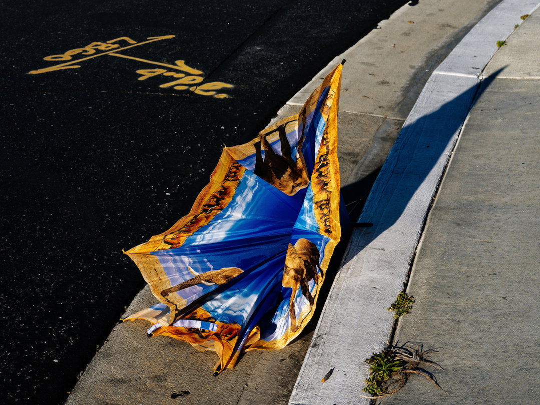 A blue umbrella with a print of elephants and a sky landscape lies abandoned on a concrete kerb. It sits beside a dark asphalt road marked with faded yellow paint.
