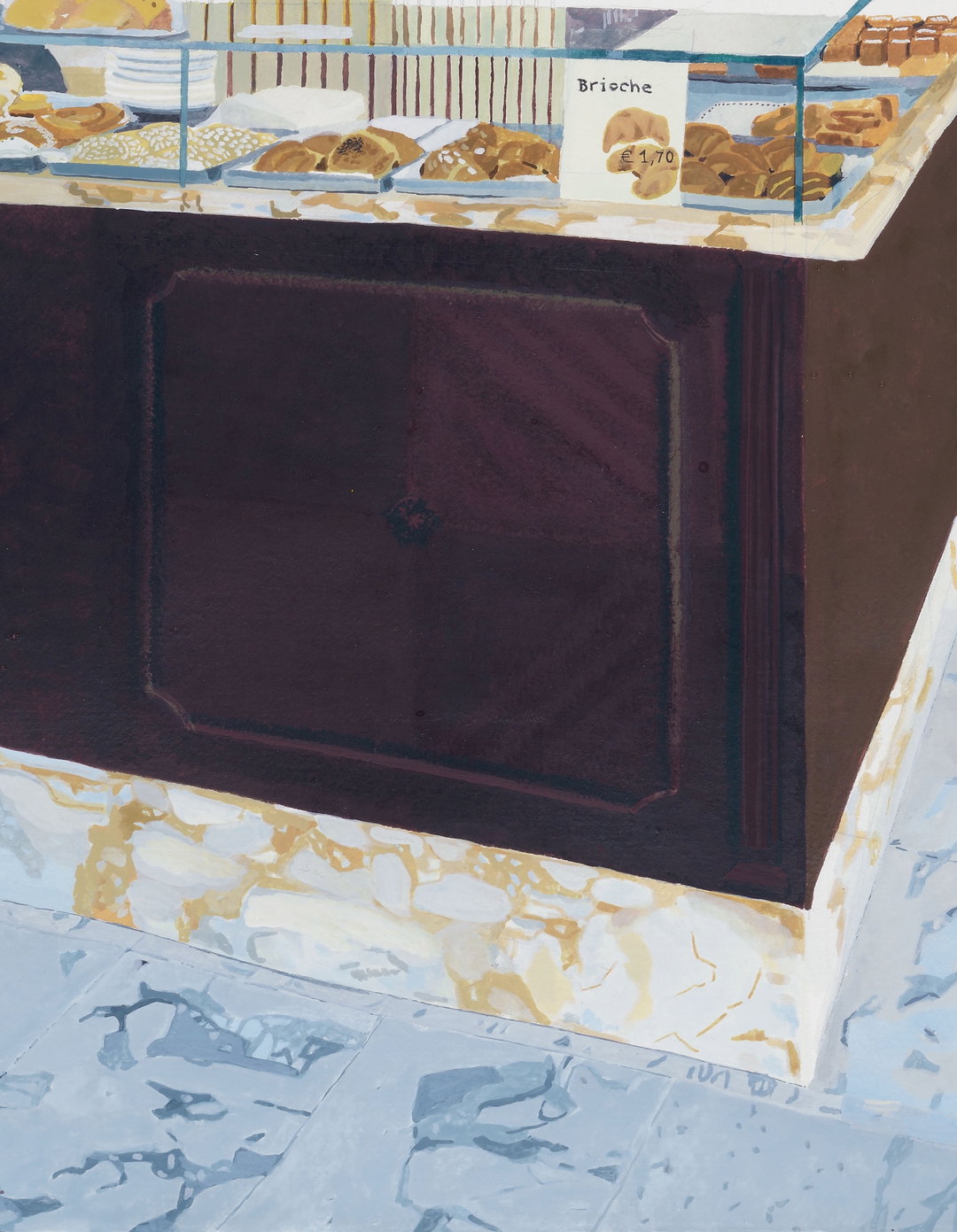 A painting of a bakery counter with a dark purple wooden front and a marbled base. A glass display case on top holds various pastries and a small sign that reads “Brioche € 1,70”.