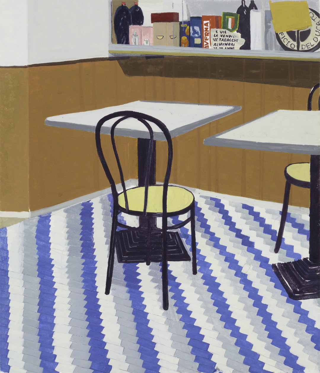 A painting of a cafe interior with white tables and black chairs with yellow seats. The floor is a bold, zig-zagging pattern of blue and white stripes.