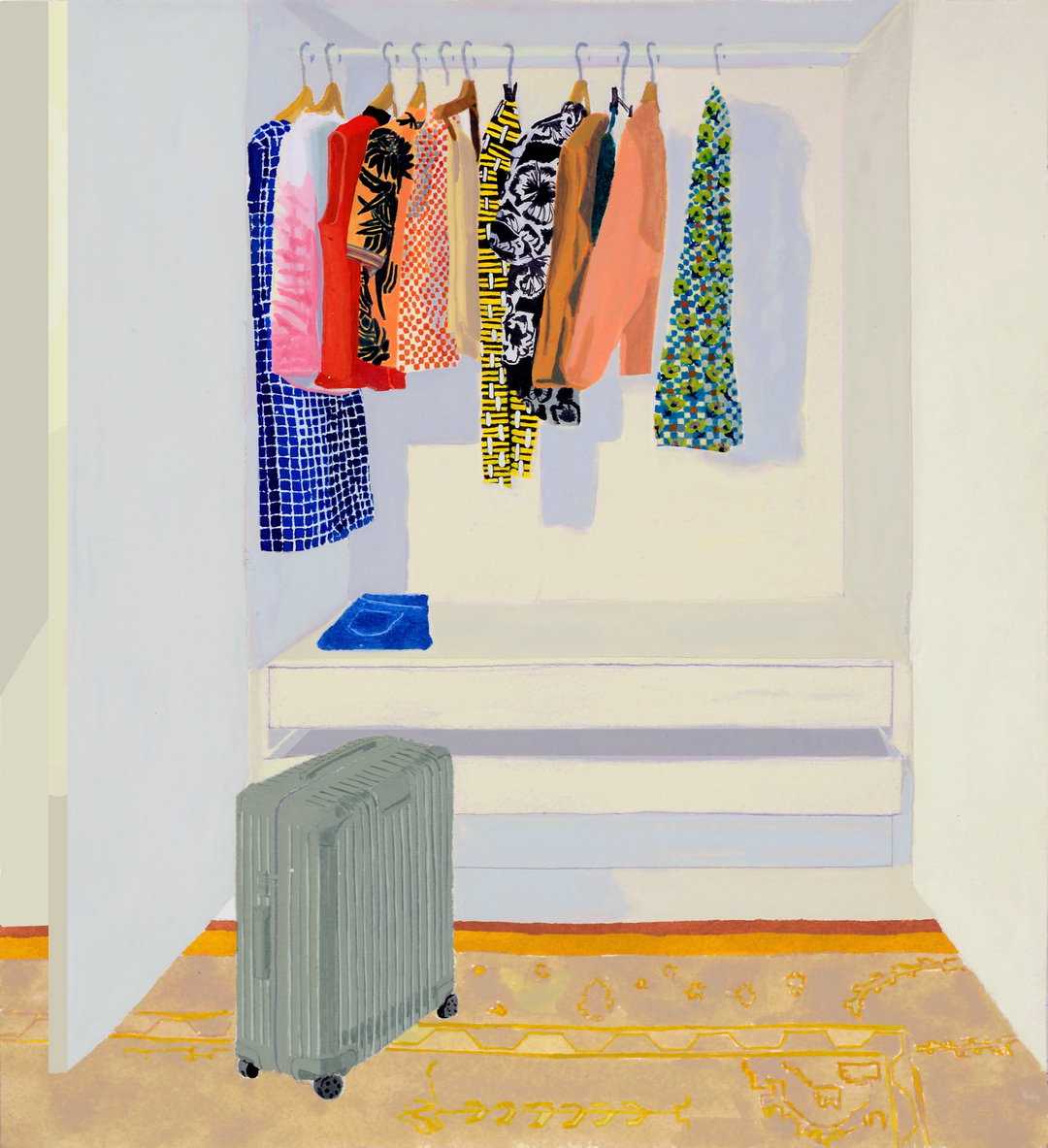 A painting of a bright, white walk-in wardrobe. A row of colourful, patterned clothes hangs on a rail above a grey suitcase resting on a patterned rug.