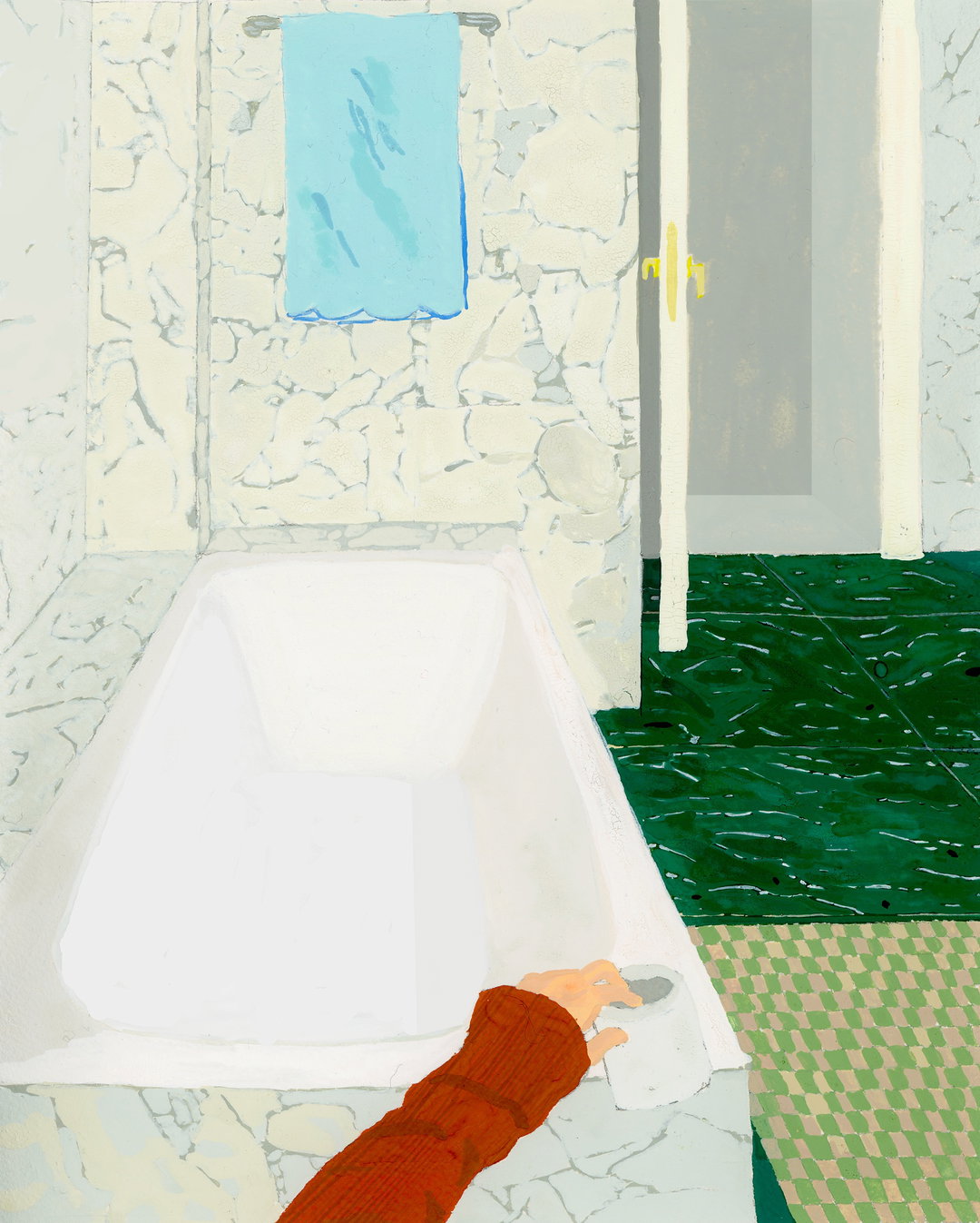 An illustration of a white bathtub set against a pale stone wall. A person’s arm in a red sleeve reaches out to touch a small white object on the tub's edge.