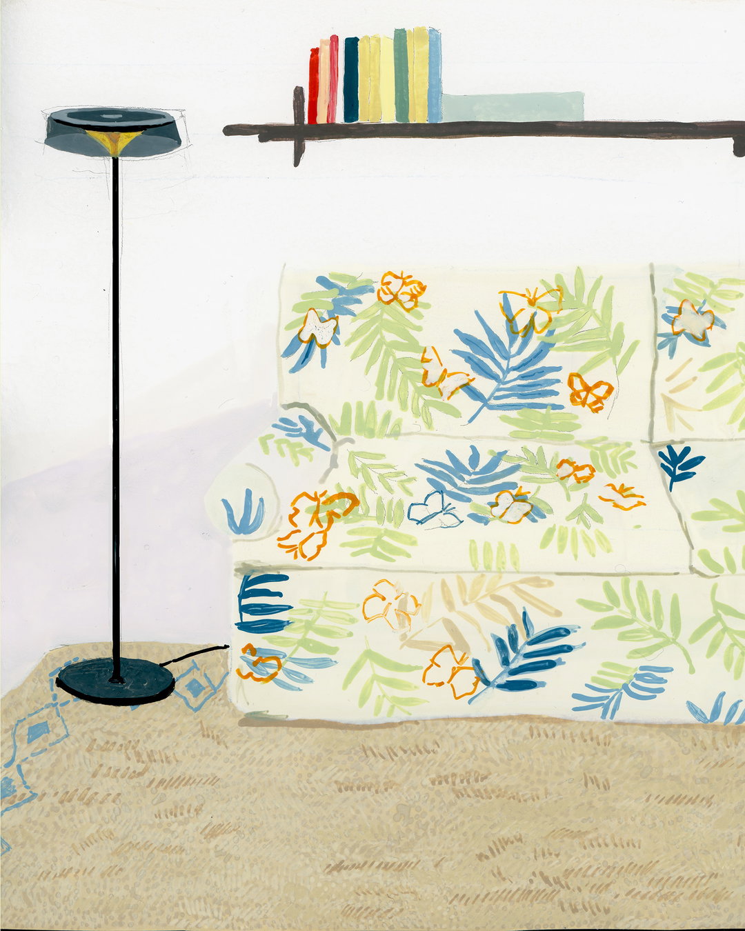An illustration of a living room featuring a sofa with a bright floral pattern in blue, yellow and green. To the left stands a tall, thin floor lamp, and a shelf above holds a row of colourful books.