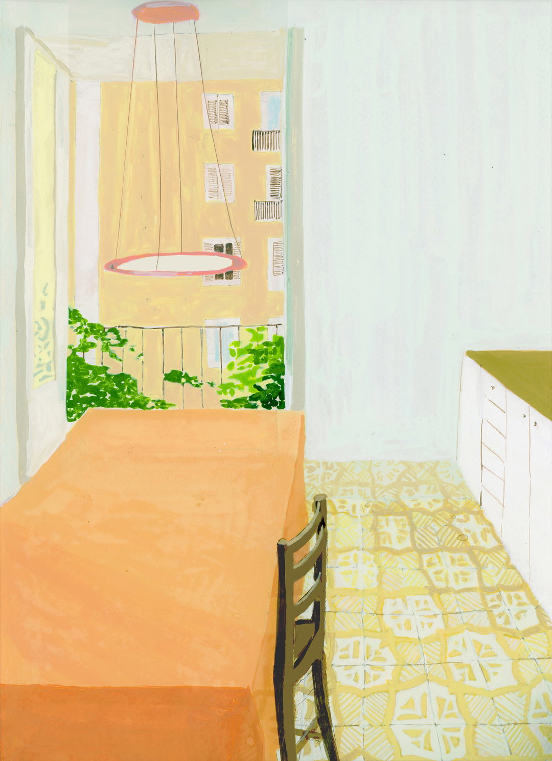 A painting of a bright room featuring a long orange table and a dark wooden chair. Through an open doorway, a yellow building is visible behind a balcony with green plants.