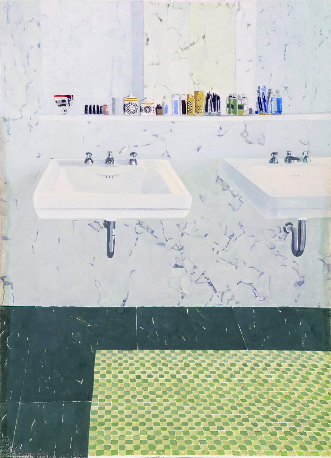 A painting of two white sinks set against a pale, marbled wall. A shelf above the sinks holds a row of small bottles, jars and containers. Below, the floor is split between dark green tiles and a green and yellow checkered mat.