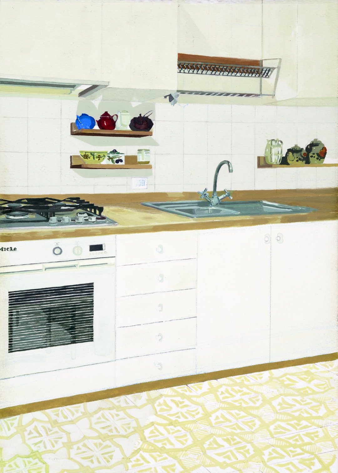 A painting of a bright, minimalist kitchen with white cabinetry and a yellow patterned floor. A stainless steel sink and a gas hob sit on a tan countertop, with small colourful pots on open shelves above.