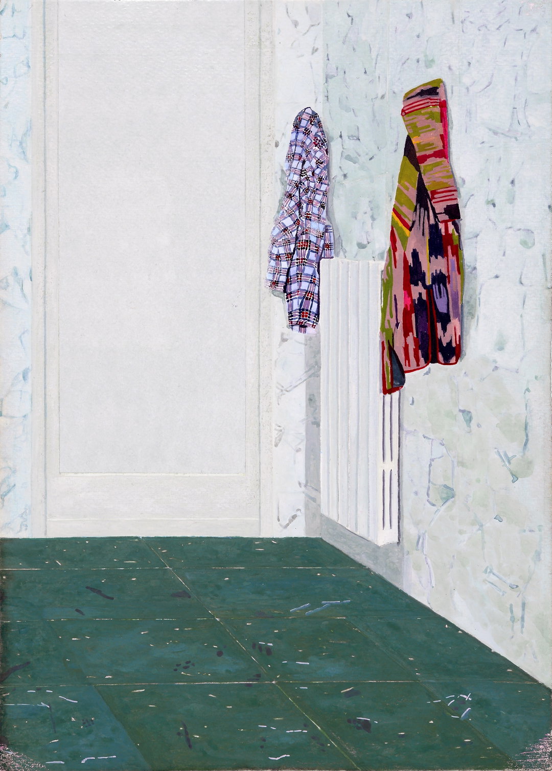 A painting of a sparse interior with a white door and a white radiator. Two colourful, patterned garments hang on the wall above the radiator, overlooking a dark green tiled floor.