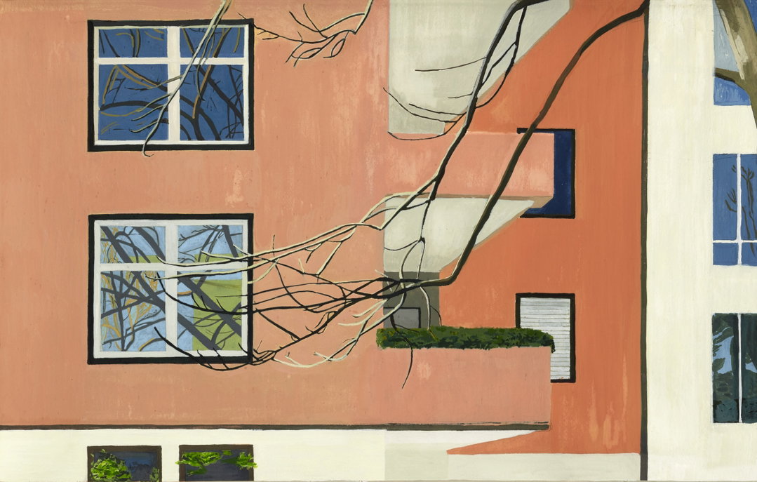 A painting of a salmon-pink building with blue-paned windows. Bare tree branches stretch across the foreground, casting thin shadows over the facade.