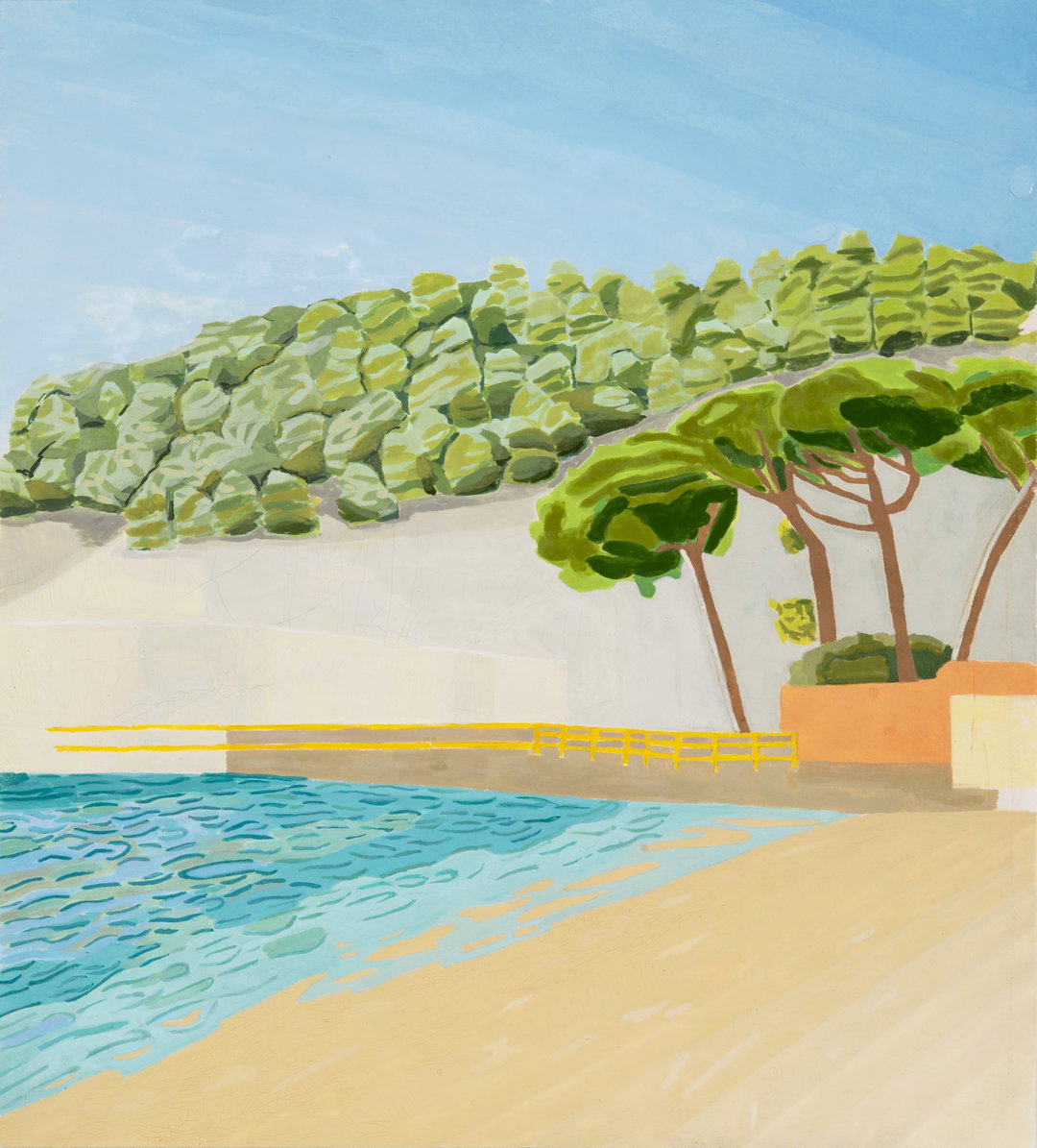 A painting of a sunny beach with turquoise water and pale yellow sand. A row of green trees lines a hillside in the background, with a few taller trees standing beside a low orange wall.