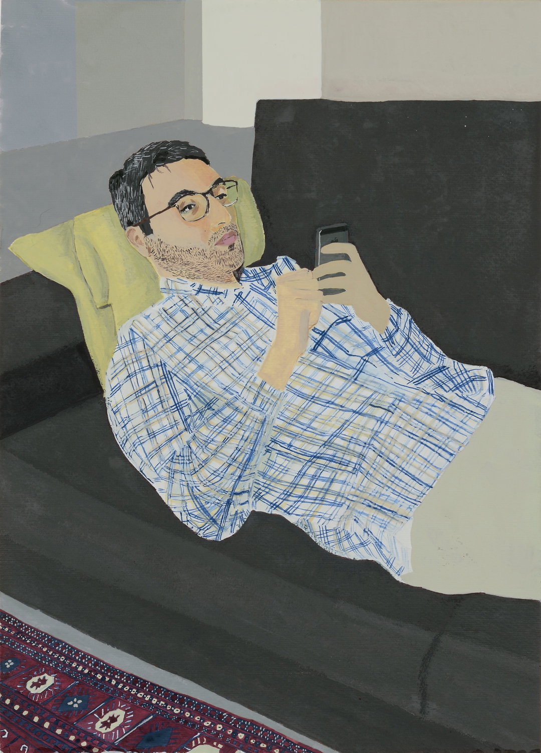 An illustration of a person with glasses and a beard reclining on a dark sofa. They wear a blue and white checked shirt and hold a smartphone in one hand.