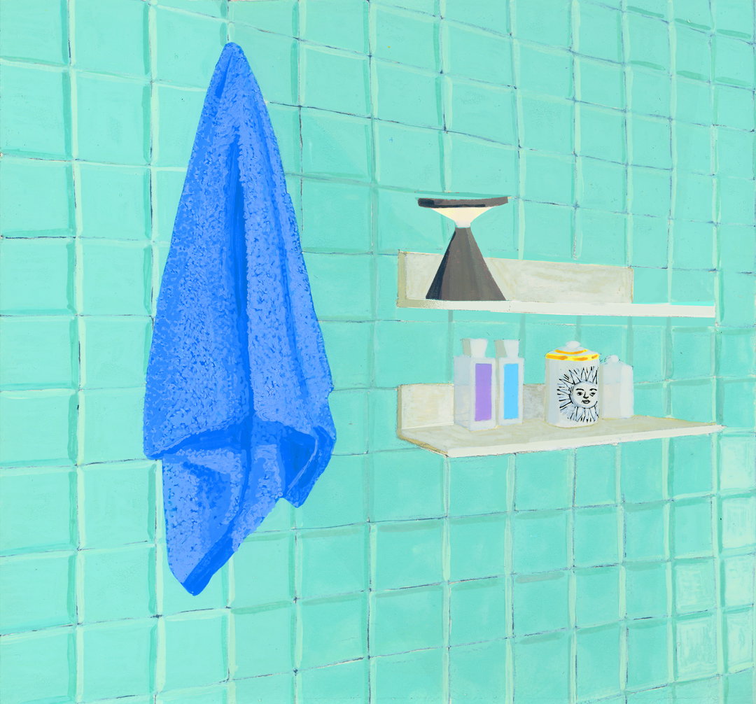 An illustration of a bathroom wall with mint green tiles. A bright blue towel hangs to the left of two white shelves holding a black vase and various toiletries.