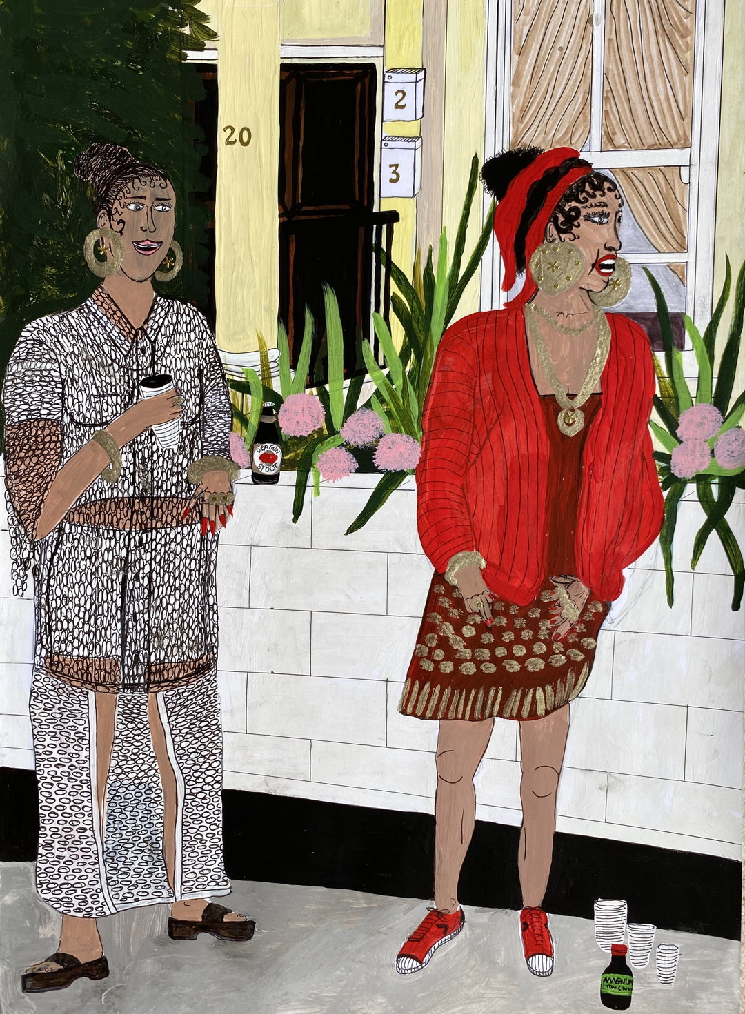 An illustration of two people standing outside a house next to a white wall and green plants. One person wears a white patterned outfit and holds a cup, while the other wears a red cardigan and a red headwrap.