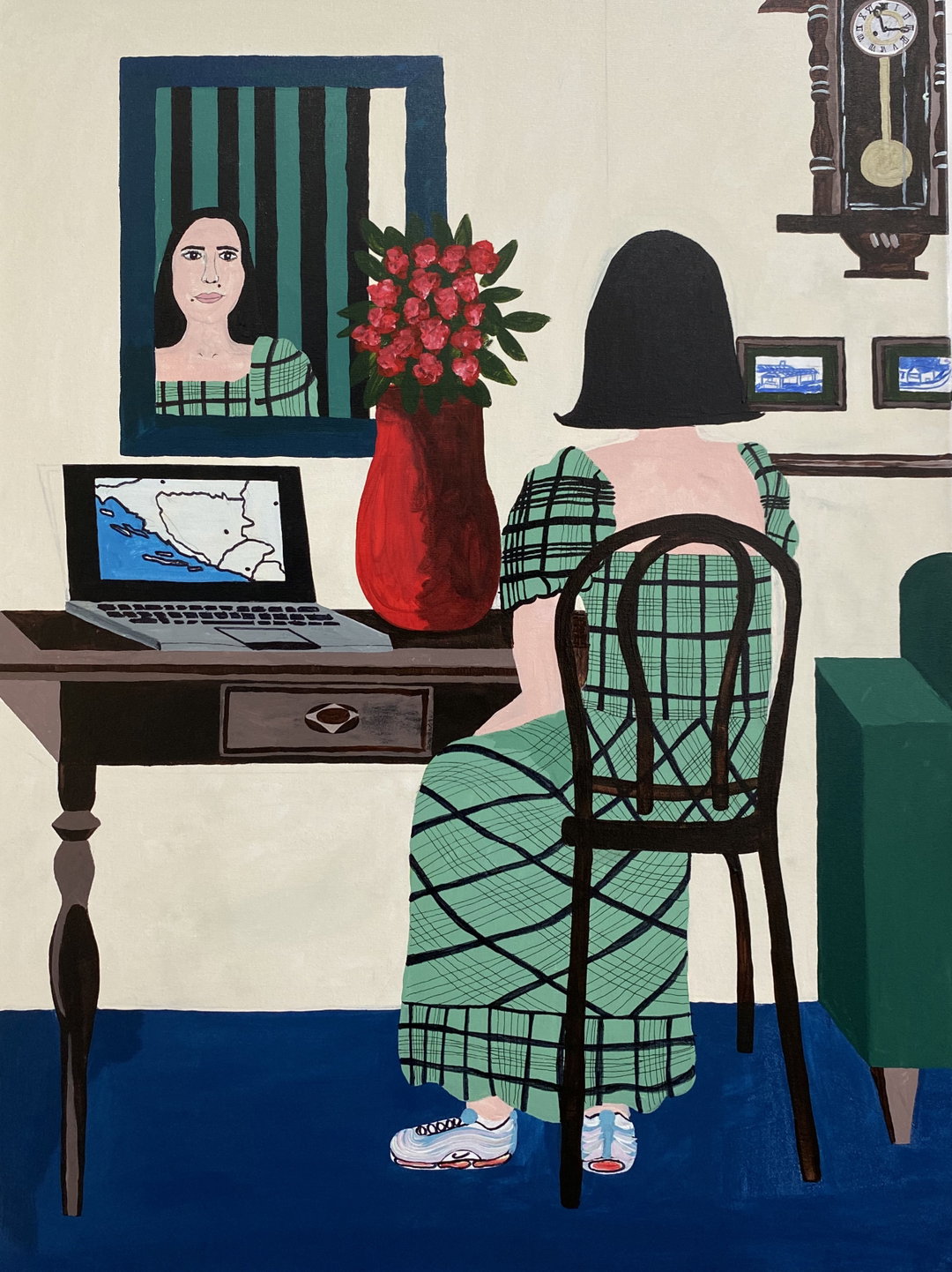 An illustration of a person with short black hair sitting at a desk, viewed from behind. They wear a green checked dress and blue sneakers, facing a laptop and a red vase of flowers. A mirror on the wall reflects their face.