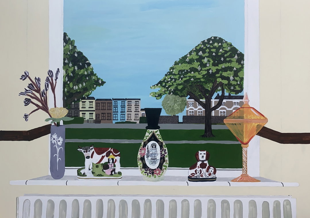 A painting of a windowsill featuring a collection of decorative objects. Through the window, a row of houses is visible behind a green lawn and two large trees.
