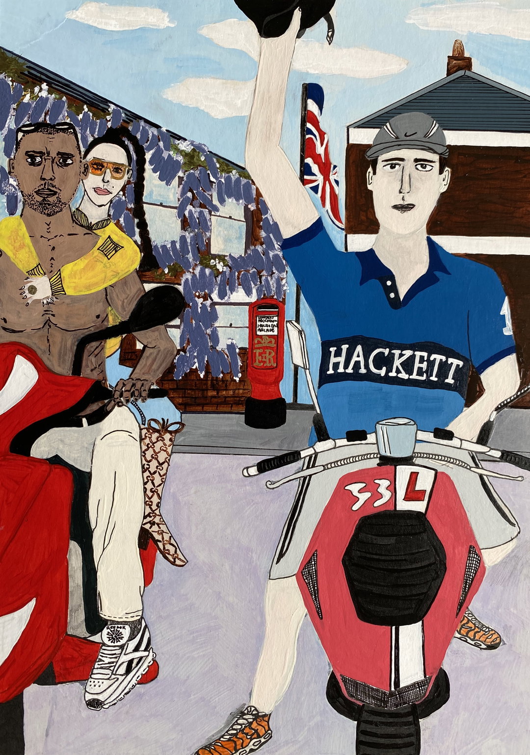 An illustration of three people posing with a red motorbike. A person in a blue “Hackett” shirt raises a black cap in the air, while another person sits on the bike wearing a yellow top. A third person stands behind them wearing sunglasses and patterned boots.