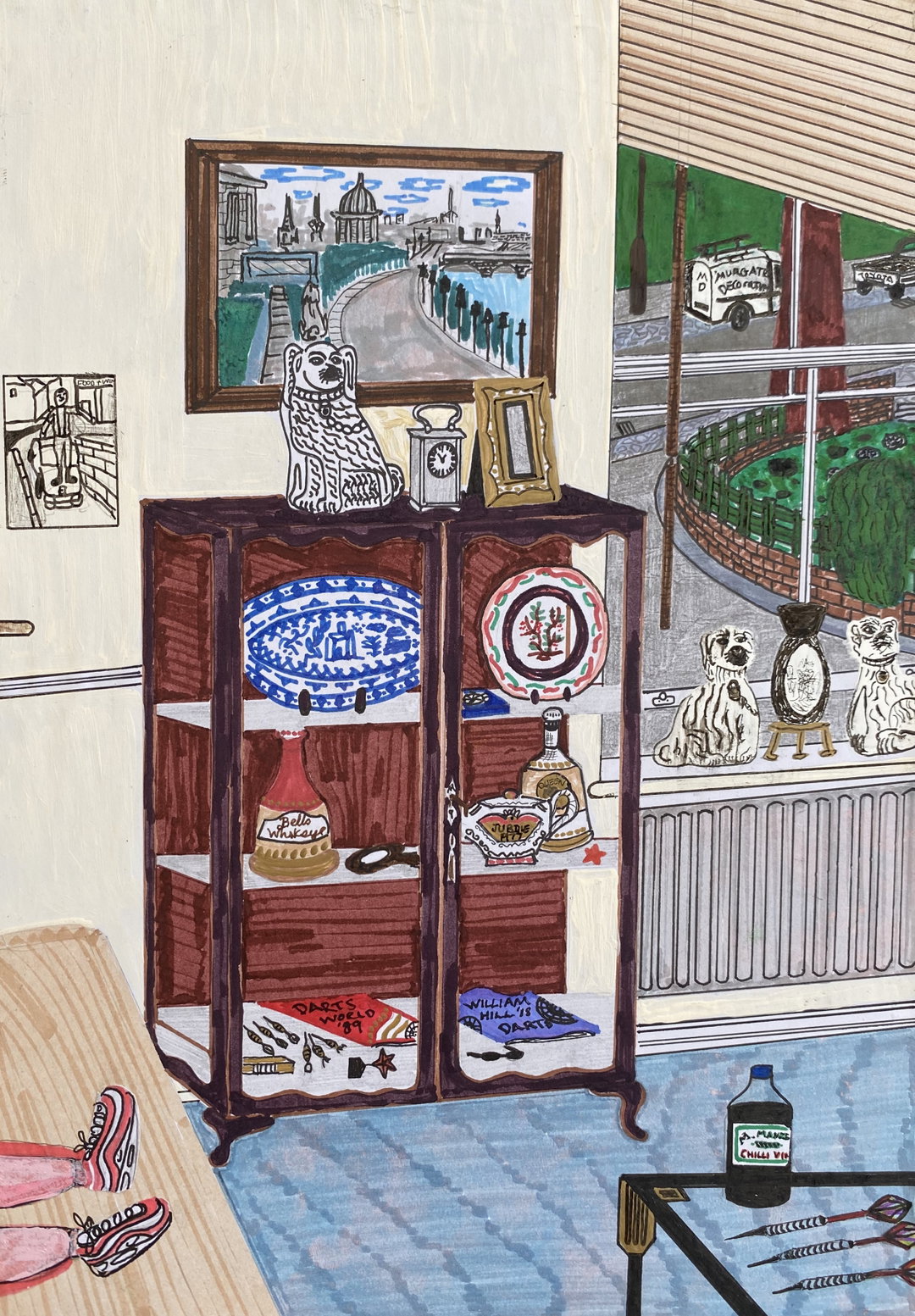 An illustration of a cluttered room featuring a dark wood cabinet filled with plates, bottles and a “Darts World 89” programme. A painting of the London skyline hangs on the wall above, alongside a small dog figurine and a clock.