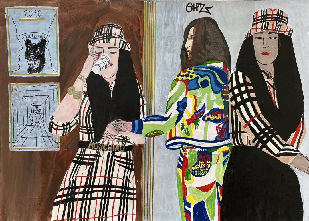 A painting of three figures in a room. Two wear plaid outfits and bucket hats, while the central figure wears a brightly coloured, patterned suit.